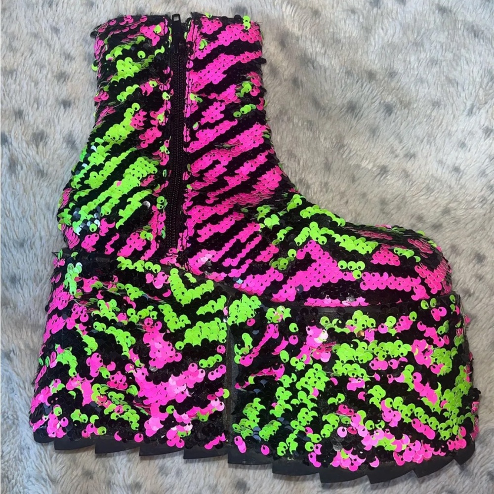 YRU Neon Pink and Green Sequin Platform Boots